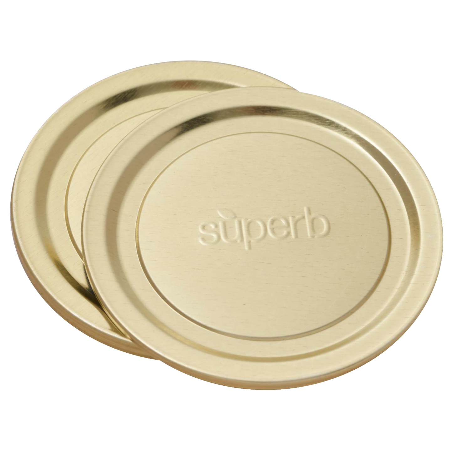 Two wide-mouth metal canning jar lids with embossed "superb" logo, designed for secure sealing, featured in food preservation and kitchen collections, made in USA.