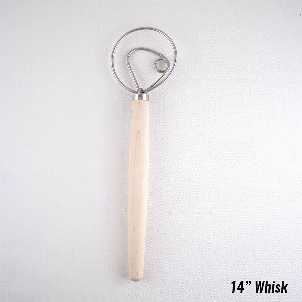 Handcrafted Amish-made dough whisk with a natural wood handle and durable wire loop, perfect for baking and kitchen use, featured in Baking Supplies and USA Made collections.