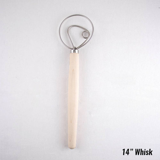 Handcrafted Amish-made dough whisk with a natural wood handle and durable wire loop, perfect for baking and kitchen use, featured in Baking Supplies and USA Made collections.