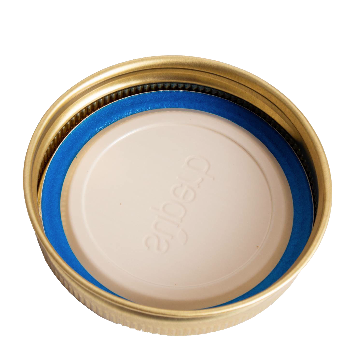 Set of twelve gold-tone metal canning jar bands paired with white lids featuring a blue sealing gasket, crafted in USA and ideal for kitchen, food preservation, and canning collections.