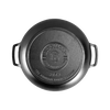 Round black cast iron braiser with dual loop handles and embossed brand insignia on lid, handcrafted in USA, featured in Kitchen & Food and Cast Iron cookware collections.