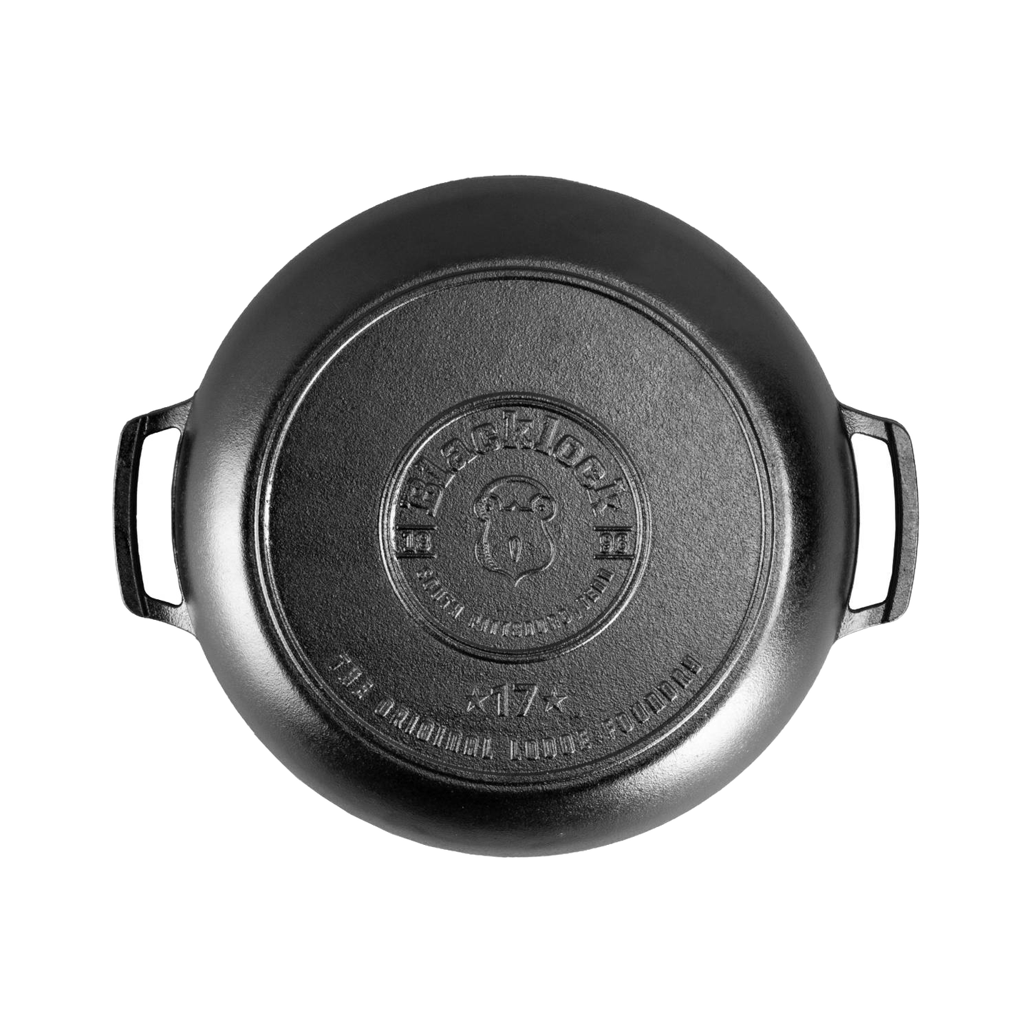 Round black cast iron braiser with dual loop handles and embossed brand insignia on lid, handcrafted in USA, featured in Kitchen & Food and Cast Iron cookware collections.