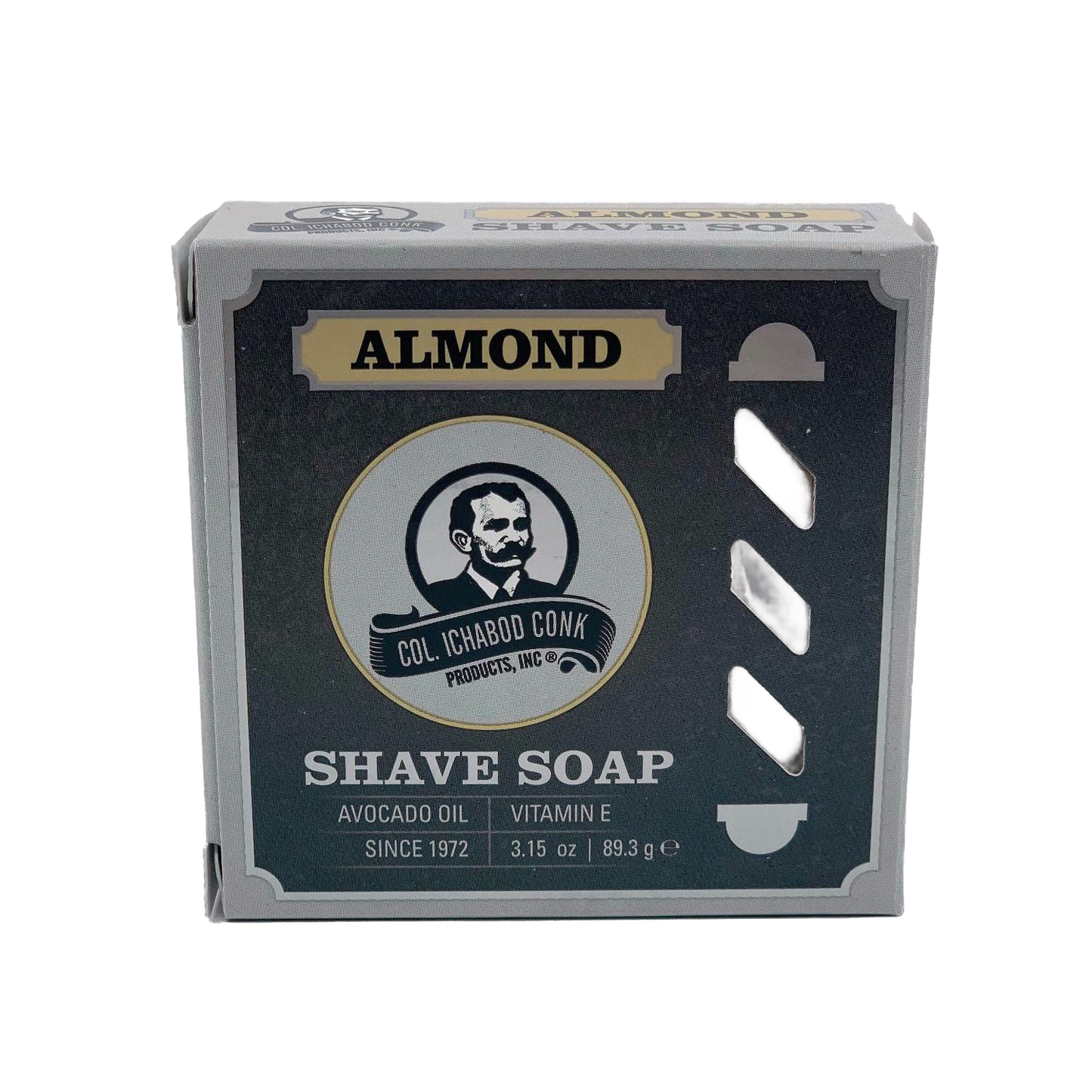 Boxed almond-scented shaving soap featuring avocado oil and vitamin E, made in USA, ideal for Health & Wellness, Grooming and Personal Hygiene, Soaps and Soapmaking, USA Made, Best Sellers, Promo Eligible collections.