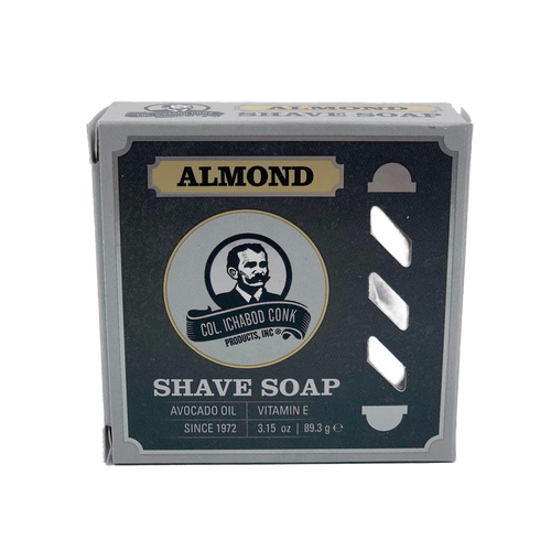 Boxed almond-scented shaving soap featuring avocado oil and vitamin E, made in USA, ideal for Health & Wellness, Grooming and Personal Hygiene, Soaps and Soapmaking, USA Made, Best Sellers, Promo Eligible collections.
