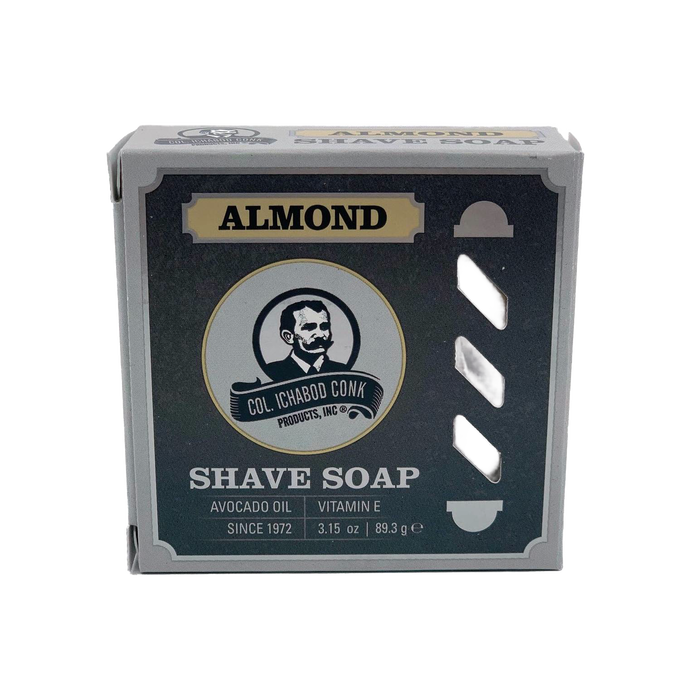 Boxed almond-scented shaving soap featuring avocado oil and vitamin E, made in USA, ideal for Health & Wellness, Grooming and Personal Hygiene, Soaps and Soapmaking, USA Made, Best Sellers, Promo Eligible collections.