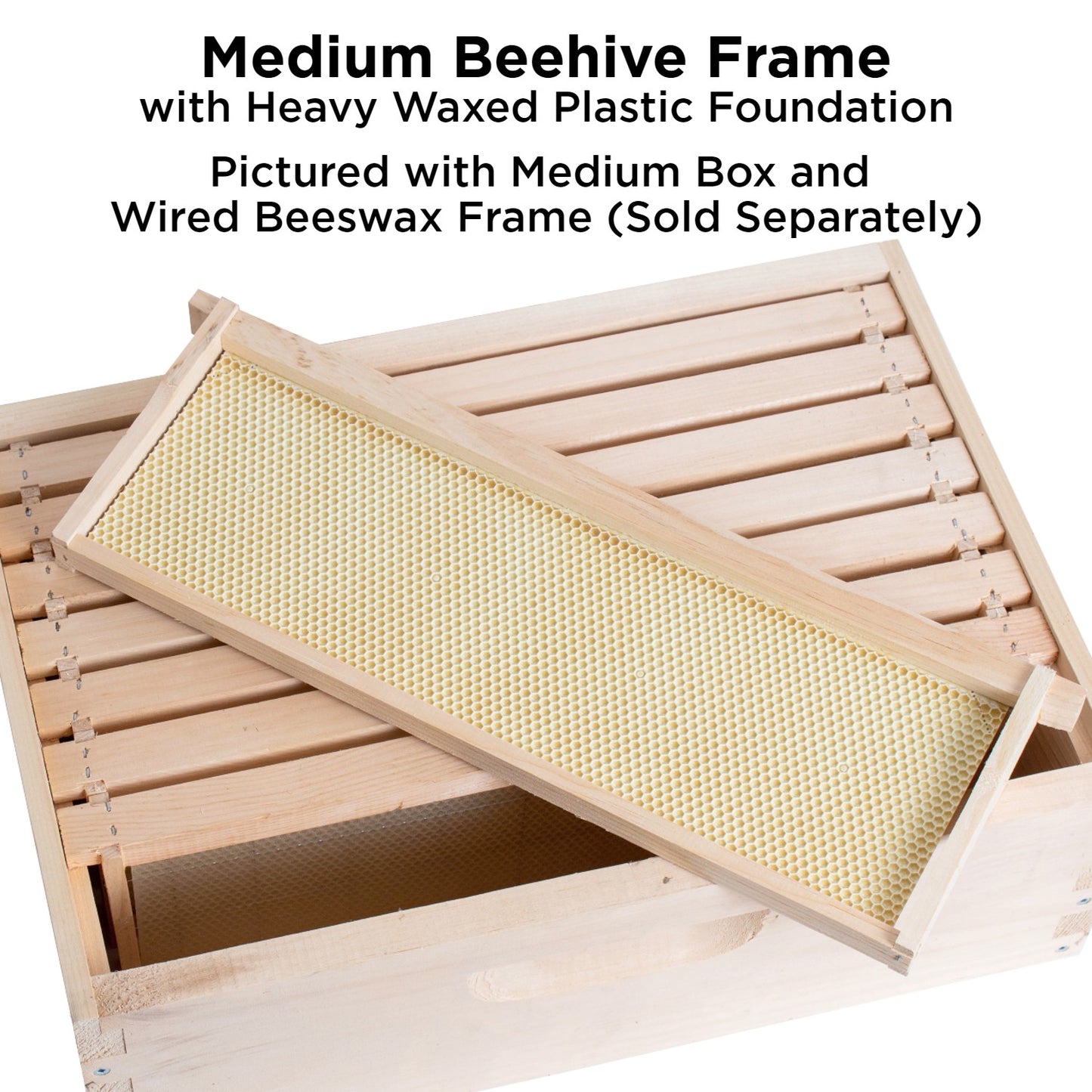 Handcrafted medium wooden bee frame with durable heavy waxed plastic foundation resting on a wooden medium hive box, part of Amish made, USA made beekeeping supplies collections.