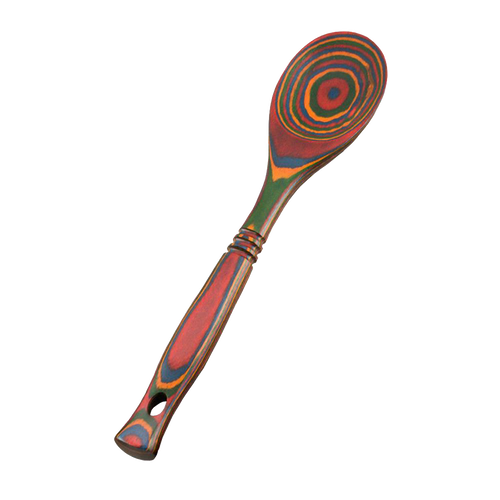 Unique handcrafted pakkawood spoon with vibrant, enduring concentric color patterns in warm reds, greens, and blues, sturdy and heat resistant, ideal for Kitchen & Food and Cooking and Baking Helpers collections.