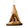 Handcrafted three-dimensional nativity scene carved from olive wood with bark base, hanging ornament ideal for Home & Decor and Holiday Decor collections.