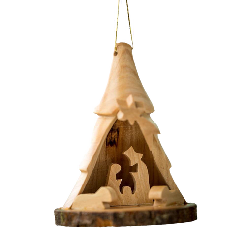 Handcrafted three-dimensional nativity scene carved from olive wood with bark base, hanging ornament ideal for Home & Decor and Holiday Decor collections.