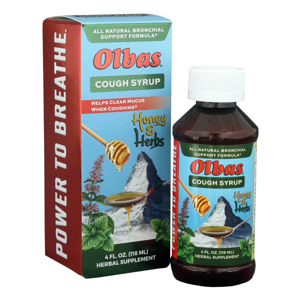 Bottle and packaging of Olbas Herbal Cough Syrup with Honey featuring natural ingredients and wildflower honey, designed for herbal relief, part of Health & Wellness and Best Sellers collections.