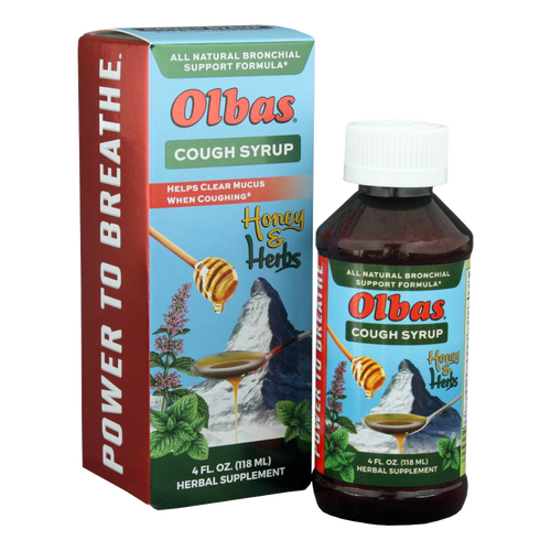 Bottle and packaging of Olbas Herbal Cough Syrup with Honey featuring natural ingredients and wildflower honey, designed for herbal relief, part of Health & Wellness and Best Sellers collections.