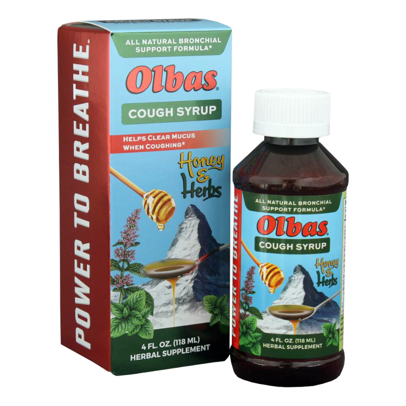 Bottle and packaging of Olbas Herbal Cough Syrup with Honey featuring natural ingredients and wildflower honey, designed for herbal relief, part of Health & Wellness and Best Sellers collections.