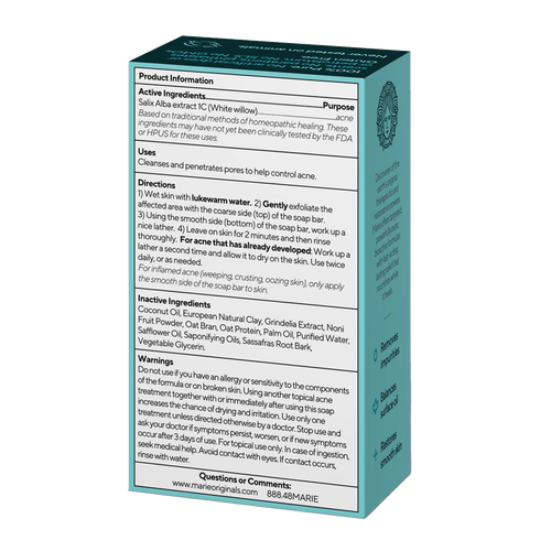 Box packaging of all-natural acne control soap highlighting active ingredients like white willow extract and instructions for use, featured in Health & Wellness and Grooming and Personal Hygiene collections.