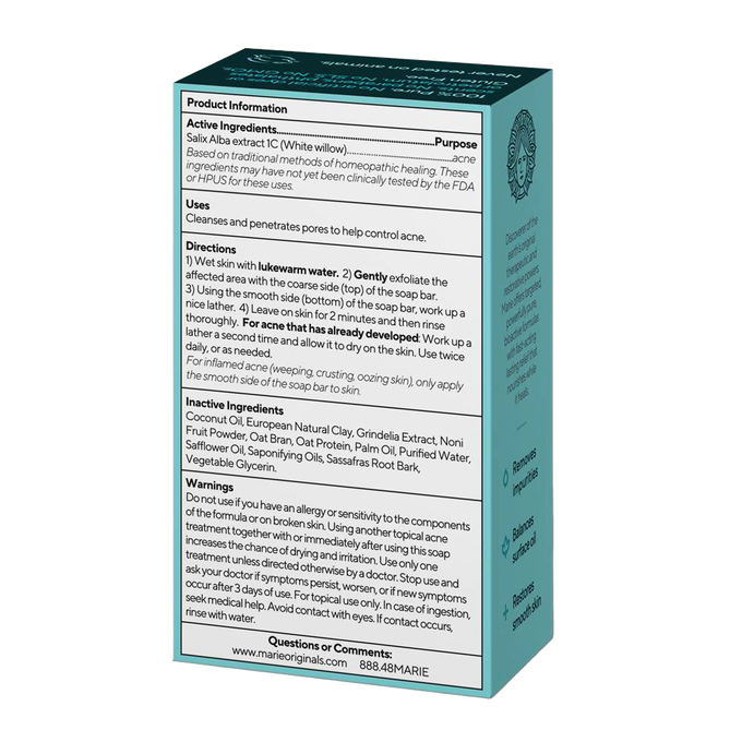 Box packaging of all-natural acne control soap highlighting active ingredients like white willow extract and instructions for use, featured in Health & Wellness and Grooming and Personal Hygiene collections.