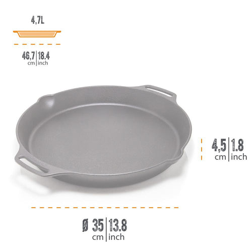Handcrafted cast iron skillet with two side handles and a small pouring spout, measuring 35 cm diameter and 4.5 cm deep, ideal for farm, kitchen, camping, cookware, and cast iron use.