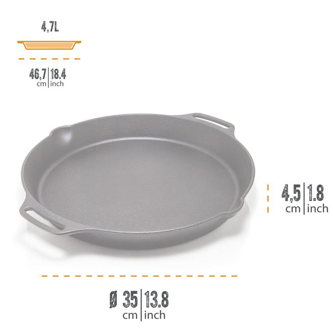 Handcrafted cast iron skillet with two side handles and a small pouring spout, measuring 35 cm diameter and 4.5 cm deep, ideal for farm, kitchen, camping, cookware, and cast iron use.