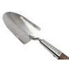 Mirror-polished stainless steel garden trowel head with sturdy wooden handle and twisted metal neck, ideal for farm, garden, and lawncare tasks in digging and cultivating collections.