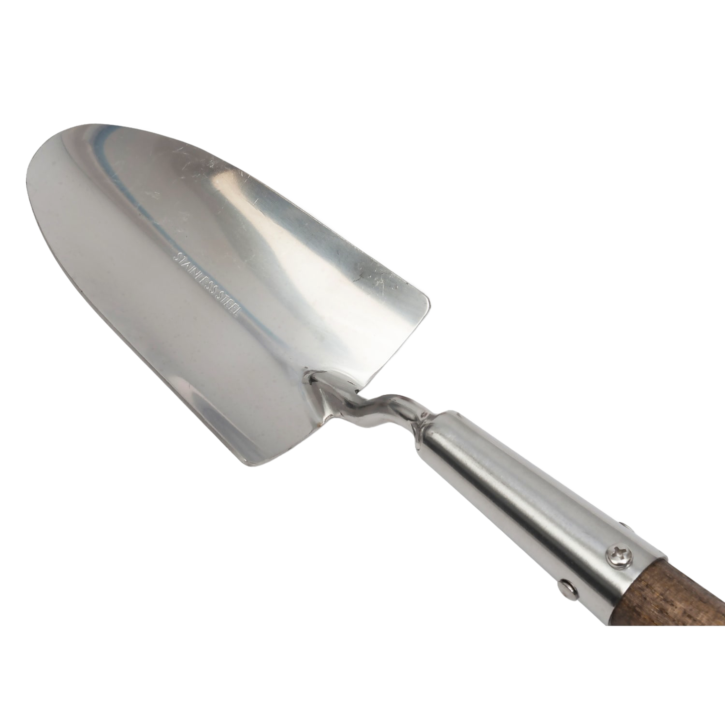 Mirror-polished stainless steel garden trowel head with sturdy wooden handle and twisted metal neck, ideal for farm, garden, and lawncare tasks in digging and cultivating collections.