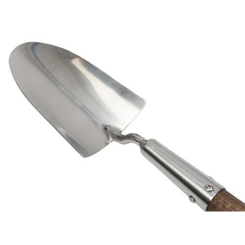 Mirror-polished stainless steel garden trowel head with sturdy wooden handle and twisted metal neck, ideal for farm, garden, and lawncare tasks in digging and cultivating collections.