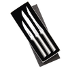 Set of three handcrafted stainless steel knives with sleek silver handles in a black velvet-lined gift box, designed for food prep and kitchen use, made in USA collections.