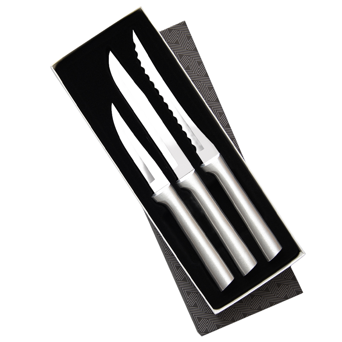 Set of three handcrafted stainless steel knives with sleek silver handles in a black velvet-lined gift box, designed for food prep and kitchen use, made in USA collections.