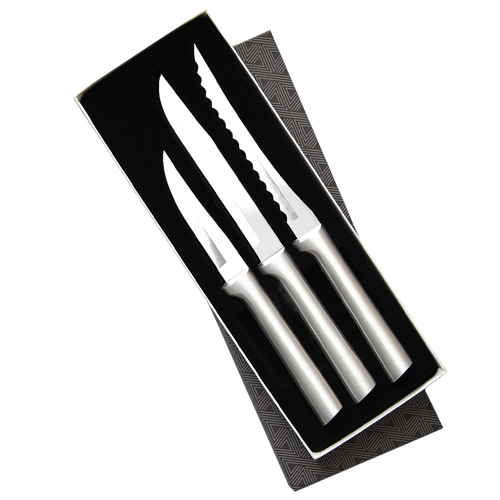 Set of three handcrafted stainless steel knives with sleek silver handles in a black velvet-lined gift box, designed for food prep and kitchen use, made in USA collections.