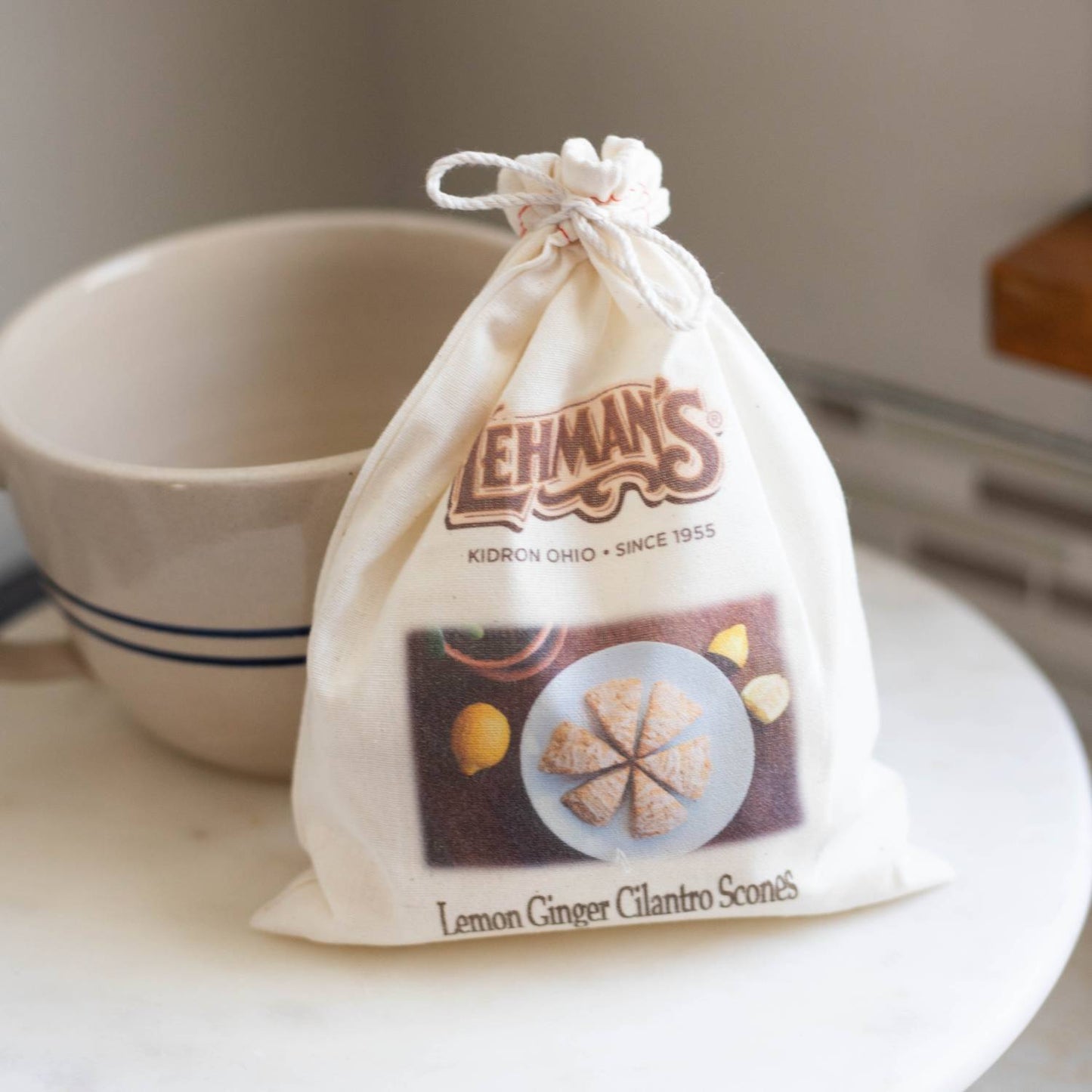 Small cotton drawstring bag containing handcrafted lemon ginger cilantro scone mix with vintage-style label, perfect for Kitchen & Food, Pantry, Dry Goods and Mixes, Best Sellers, Promo Eligible collections.