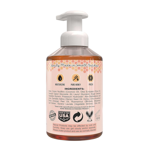 Back view of a 16 fl oz clear pump bottle with natural foaming hand soap made in small batches in the USA, highlighting moisturizing honey and fresh ingredients, ideal for Health & Wellness and Soaps collections.