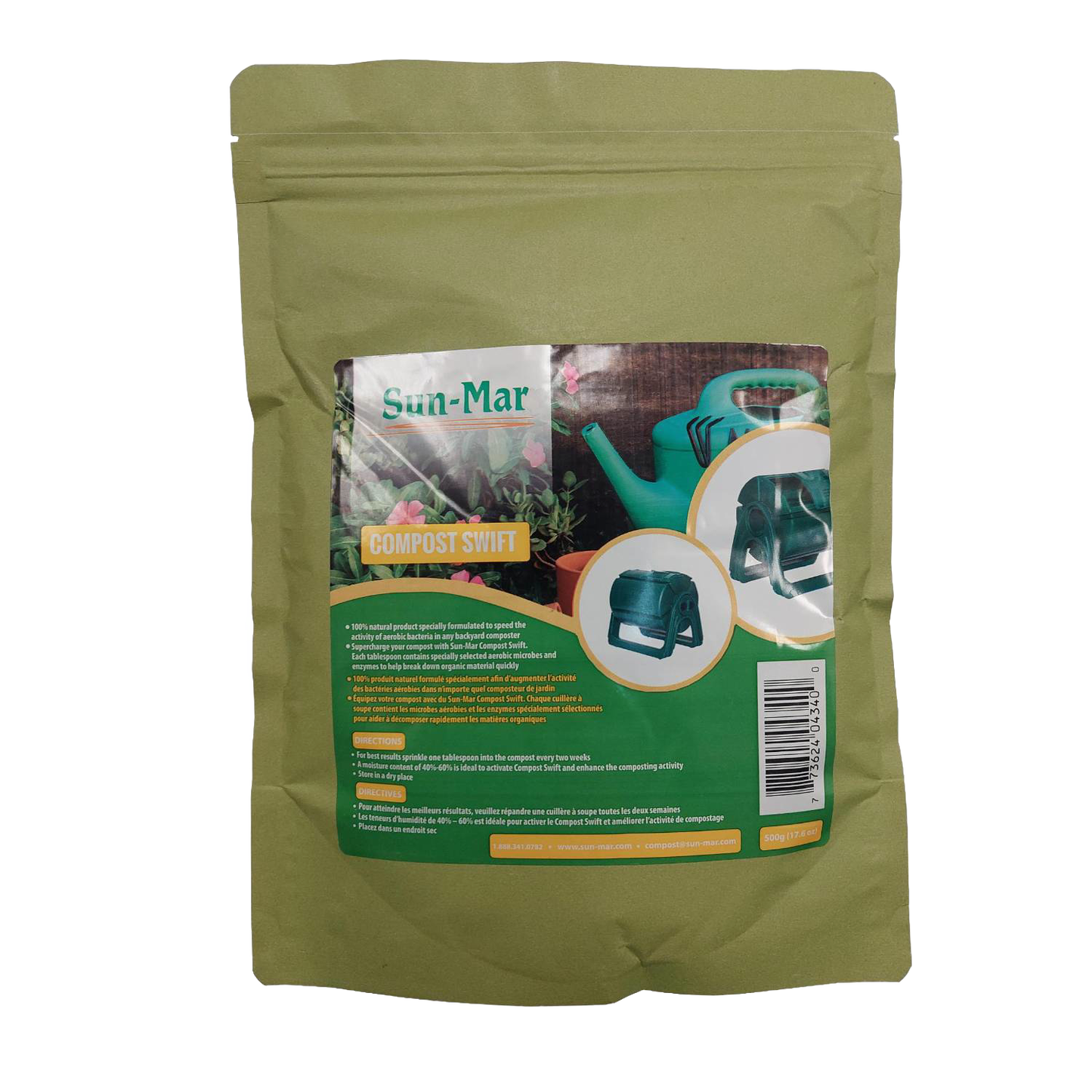 Matte olive-green resealable pouch featuring a detailed label with images and descriptions of an aerobic compost mixture, designed for Farm, Garden & Tool and Composting collections.