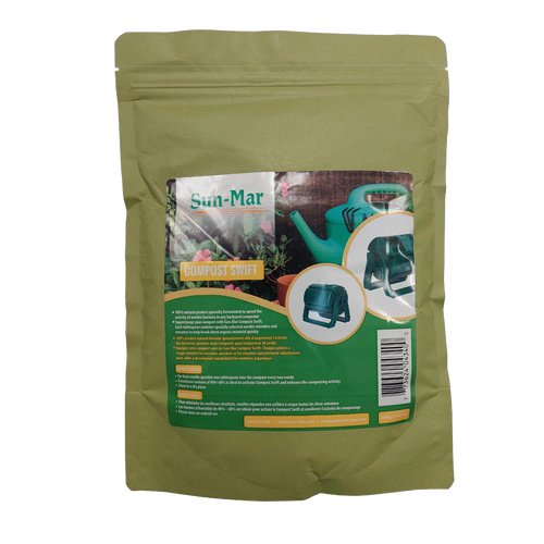 Matte olive-green resealable pouch featuring a detailed label with images and descriptions of an aerobic compost mixture, designed for Farm, Garden & Tool and Composting collections.
