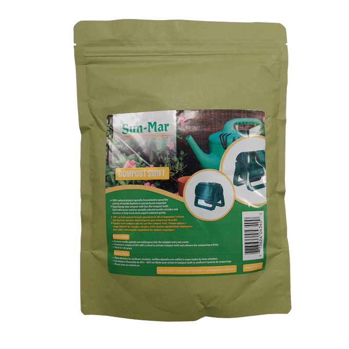 Matte olive-green resealable pouch featuring a detailed label with images and descriptions of an aerobic compost mixture, designed for Farm, Garden & Tool and Composting collections.