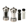 Set of two acrylic salt and pepper mills with chrome tops and bases, accompanied by refill bottles of granulated sea salt and black peppercorns, ideal for Kitchen & Food, Pantry, and Grilling collections.