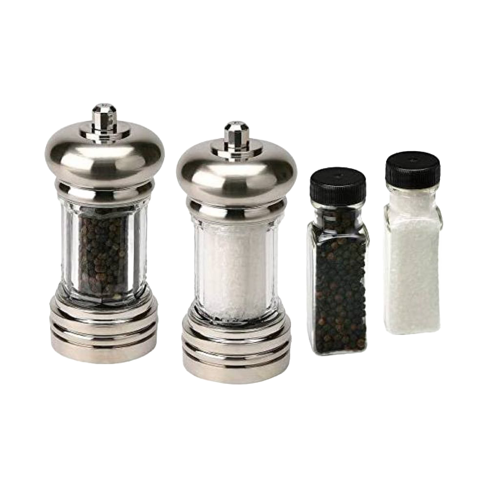 Set of two acrylic salt and pepper mills with chrome tops and bases, accompanied by refill bottles of granulated sea salt and black peppercorns, ideal for Kitchen & Food, Pantry, and Grilling collections.