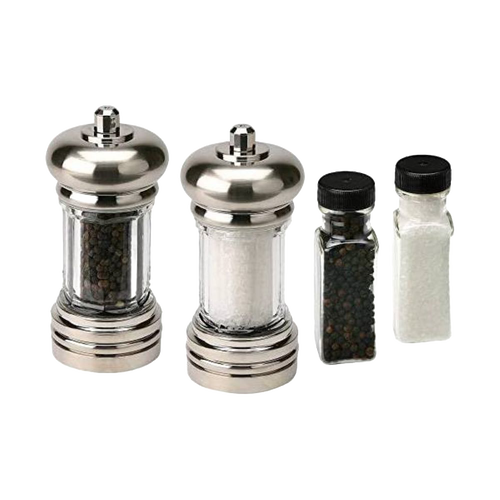 Set of two acrylic salt and pepper mills with chrome tops and bases, accompanied by refill bottles of granulated sea salt and black peppercorns, ideal for Kitchen & Food, Pantry, and Grilling collections.