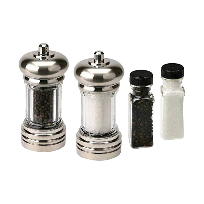 Set of two acrylic salt and pepper mills with chrome tops and bases, accompanied by refill bottles of granulated sea salt and black peppercorns, ideal for Kitchen & Food, Pantry, and Grilling collections.