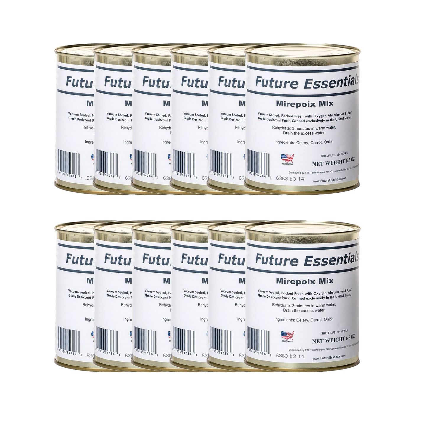 Set of vacuum-sealed tins containing a savory dehydrated blend of carrots, celery, and onion, crafted in the USA, perfect for pantry, emergency supplies, and Farm, Garden & Tool use.