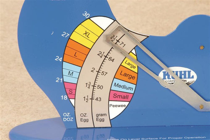 Close-up of a handcrafted Jiffy Way egg scale with a metal pointer and color-coded size categories for grading eggs by weight in ounces and grams, ideal for Farm, Garden & Tool and Animal Care collections.
