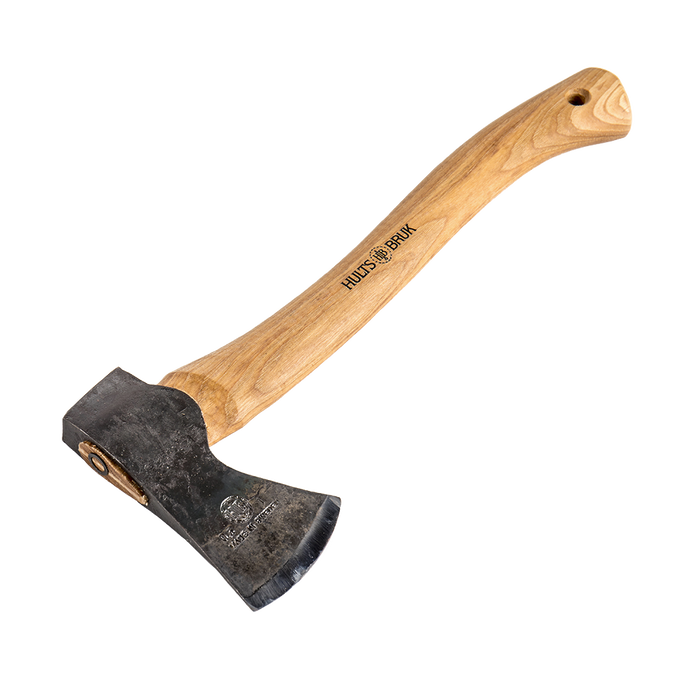 Hand-forged hatchet with razor-sharp steel head and smooth wooden handle, designed for camping, wood cutting, and outdoor tasks in Farm, Garden & Tool and Knives & Axes collections.