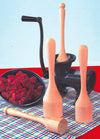 Set of smoothly sanded hardwood stompers positioned around a black metal meat grinder with a bowl of fresh red meat, featured in Kitchen & Food, Specialty Equipment, Butchering Supplies, USA Made, Amish Made, and Best Sellers collections.