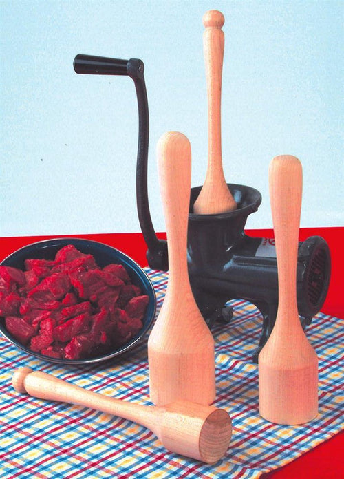 Set of smoothly sanded hardwood stompers positioned around a black metal meat grinder with a bowl of fresh red meat, featured in Kitchen & Food, Specialty Equipment, Butchering Supplies, USA Made, Amish Made, and Best Sellers collections.