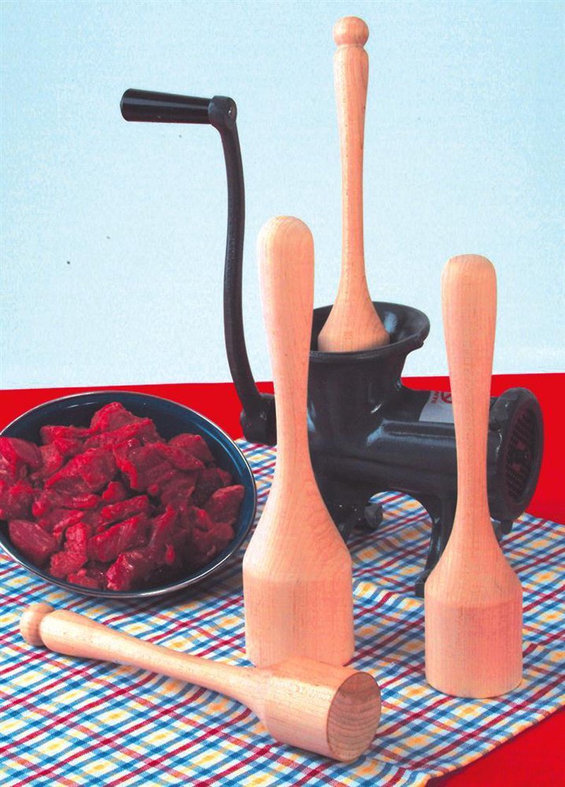 Set of smoothly sanded hardwood stompers positioned around a black metal meat grinder with a bowl of fresh red meat, featured in Kitchen & Food, Specialty Equipment, Butchering Supplies, USA Made, Amish Made, and Best Sellers collections.