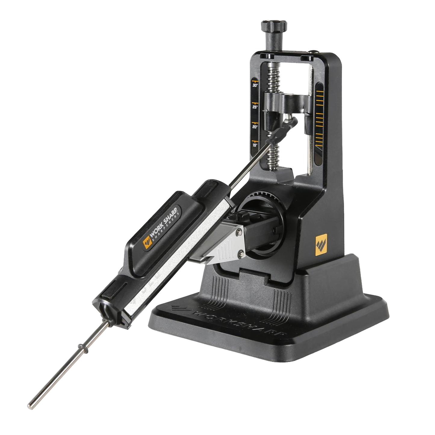 Precision sharpening system with adjustable angle settings from 15° to 30°, featuring a sturdy black base and ergonomic handle, designed for knife sharpening in kitchen, garden, and hand tool collections.