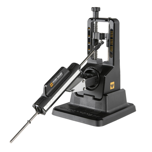 Precision sharpening system with adjustable angle settings from 15° to 30°, featuring a sturdy black base and ergonomic handle, designed for knife sharpening in kitchen, garden, and hand tool collections.