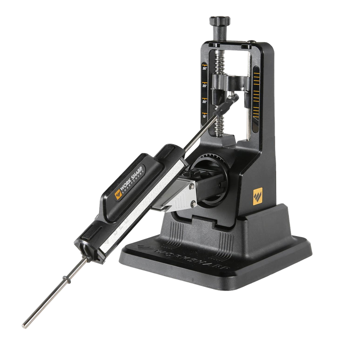 Precision sharpening system with adjustable angle settings from 15° to 30°, featuring a sturdy black base and ergonomic handle, designed for knife sharpening in kitchen, garden, and hand tool collections.