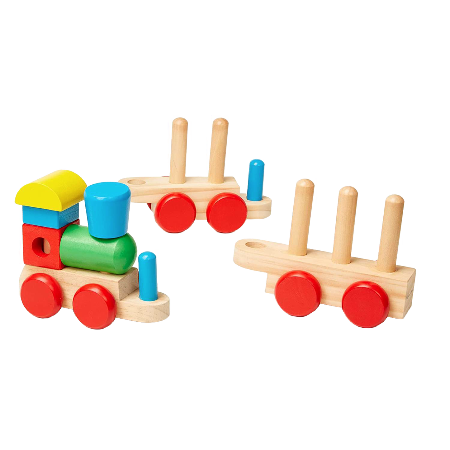 Wooden toddler stacking train toy with brightly colored, easy-to-hold geometric shapes and smooth-rolling detachable cars, part of Toys, Books & Games and Wooden Toys collections.