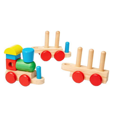 Wooden toddler stacking train toy with brightly colored, easy-to-hold geometric shapes and smooth-rolling detachable cars, part of Toys, Books & Games and Wooden Toys collections.