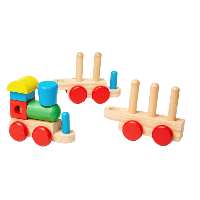Wooden toddler stacking train toy with brightly colored, easy-to-hold geometric shapes and smooth-rolling detachable cars, part of Toys, Books & Games and Wooden Toys collections.