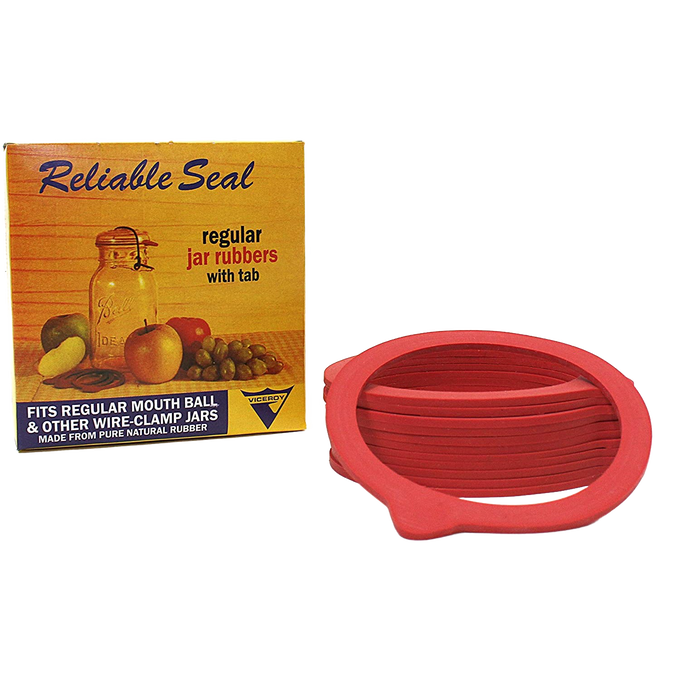 Vintage-style red rubber sealing rings with tabs for regular-mouth Mason and wire-clamp jars, handcrafted from natural rubber, ideal for Kitchen & Food, Canning, and Food Preservation collections.