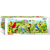 Panoramic 1000-piece puzzle depicting a colorful variety of backyard birds amidst flowers, greenery, and butterflies, crafted from recycled chip board with vegetable-based inks.