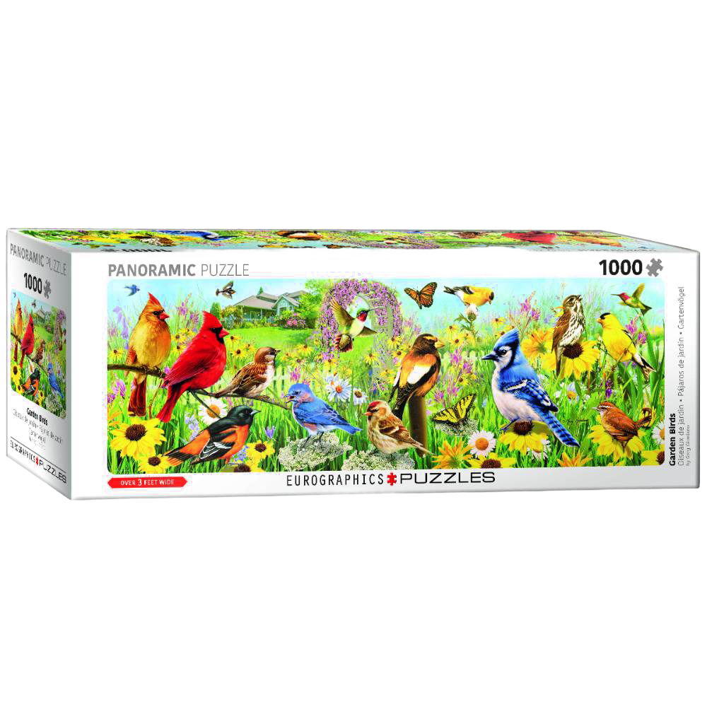 Panoramic 1000-piece puzzle depicting a colorful variety of backyard birds amidst flowers, greenery, and butterflies, crafted from recycled chip board with vegetable-based inks.